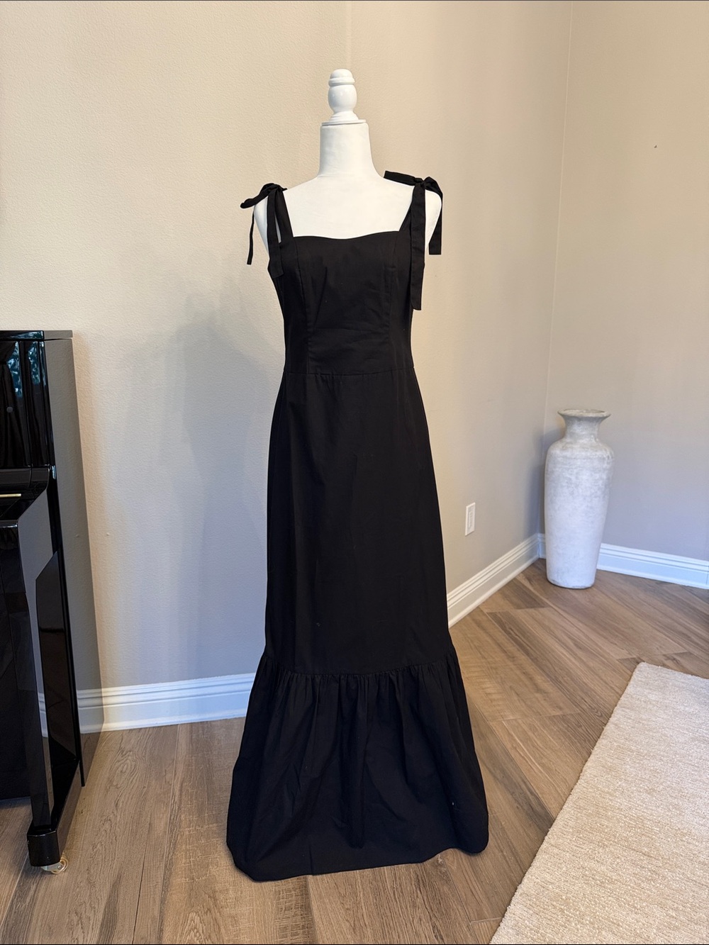 Black Tie-Shoulder Maxi Dress with Gathered Hem